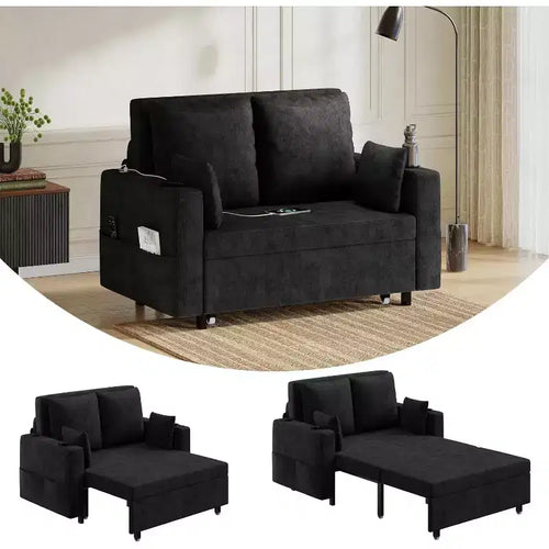 3-In-1 Pull-Out Couch, 56 Loveseat Sleeper Sofa Bed with Cup Holders & USB Charging, Full Size Pull-Out Sofa Couch