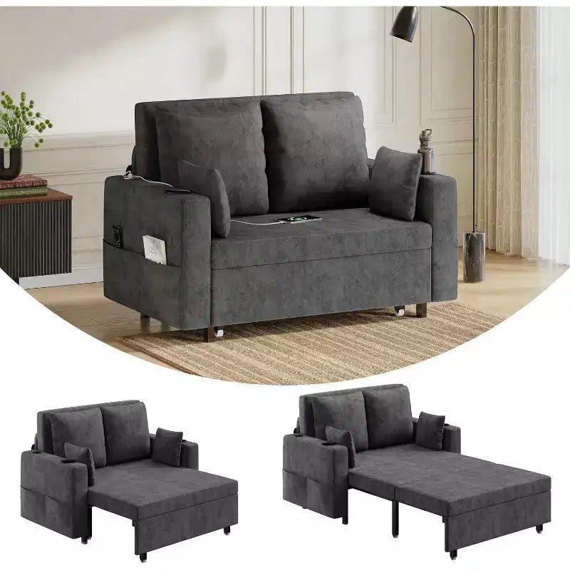 Divano letto estraibile 3-in-1, divano letto a 2 posti da 56" con portabicchieri e ricarica USB, divano letto estraibile a una piazza e mezza