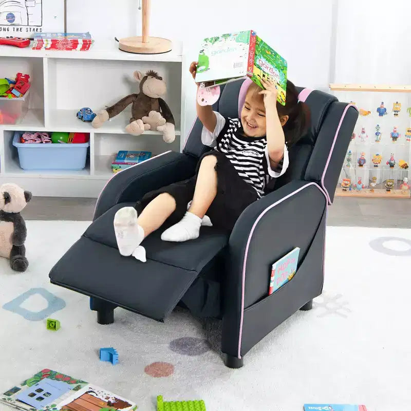 Poltrona reclinabile per bambini Costway, in pelle ergonomica, con poggiapiedi e tasca laterale