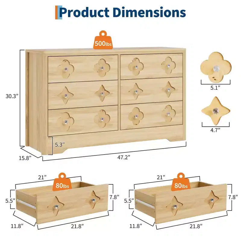 Comò in Rattan per Camera da Letto con 6 Cassetti, Cassettiera Larga 120 cm con Ampio Spazio per Vestiti, Comò a 6 Cassetti, Marrone
