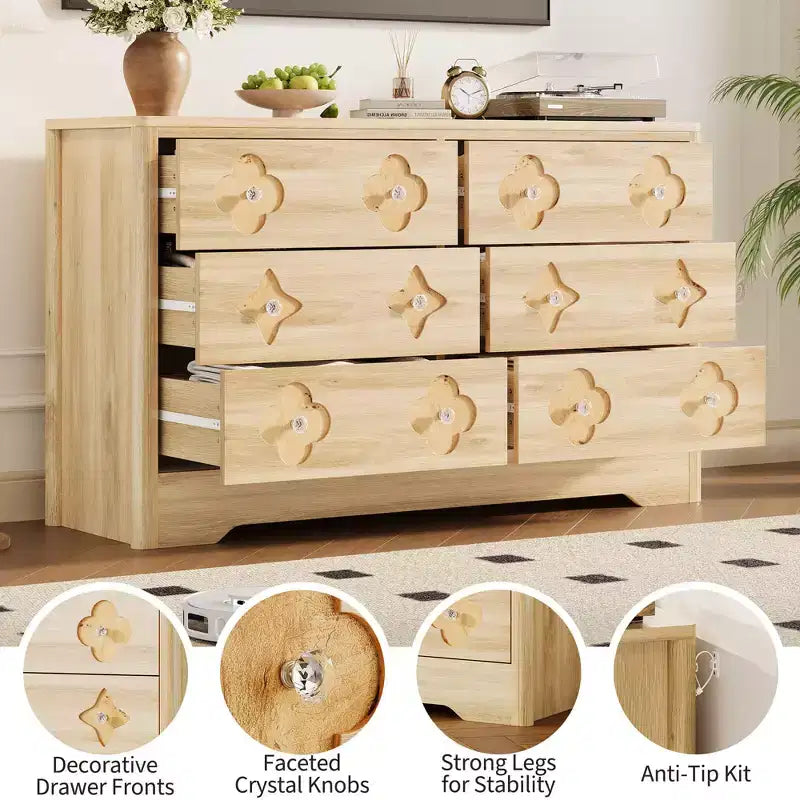 Comò in Rattan per Camera da Letto con 6 Cassetti, Cassettiera Larga 120 cm con Ampio Spazio per Vestiti, Comò a 6 Cassetti, Marrone