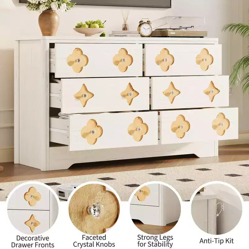 Comò in Rattan per Camera da Letto con 6 Cassetti, Cassettiera Larga 120 cm con Ampio Spazio per Vestiti, Comò a 6 Cassetti, Marrone