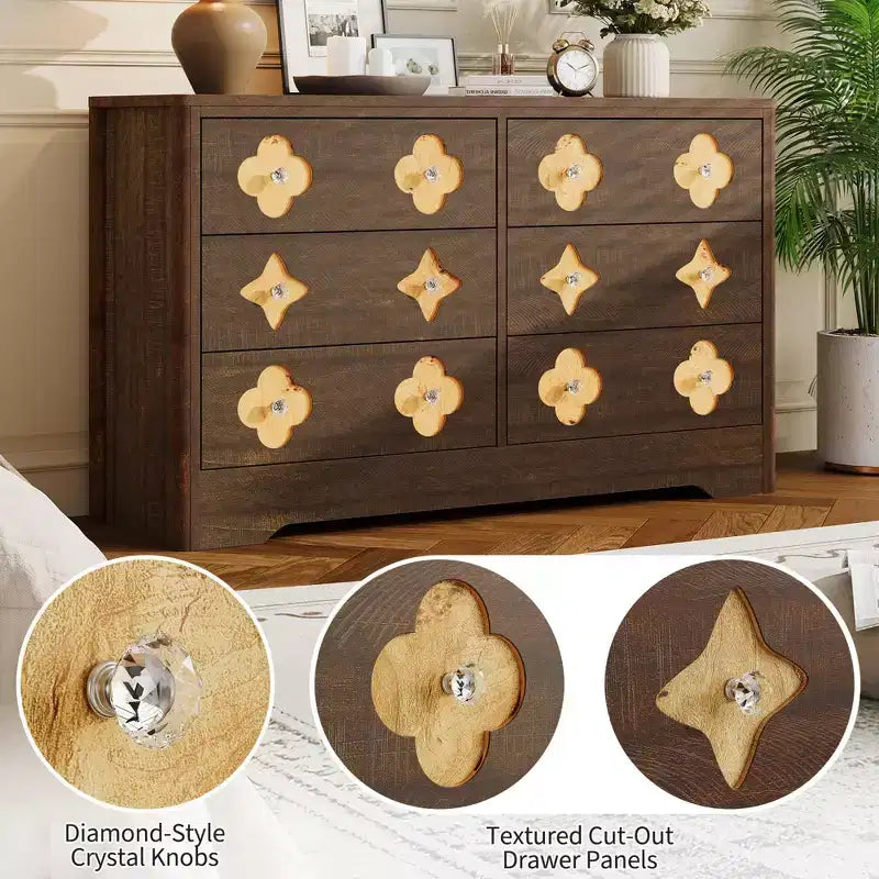 Comò in Rattan per Camera da Letto con 6 Cassetti, Cassettiera Larga 120 cm con Ampio Spazio per Vestiti, Comò a 6 Cassetti, Marrone