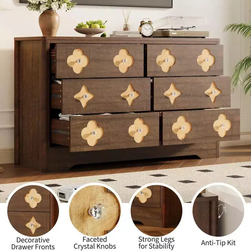 Comò in Rattan per Camera da Letto con 6 Cassetti, Cassettiera Larga 120 cm con Ampio Spazio per Vestiti, Comò a 6 Cassetti, Marrone