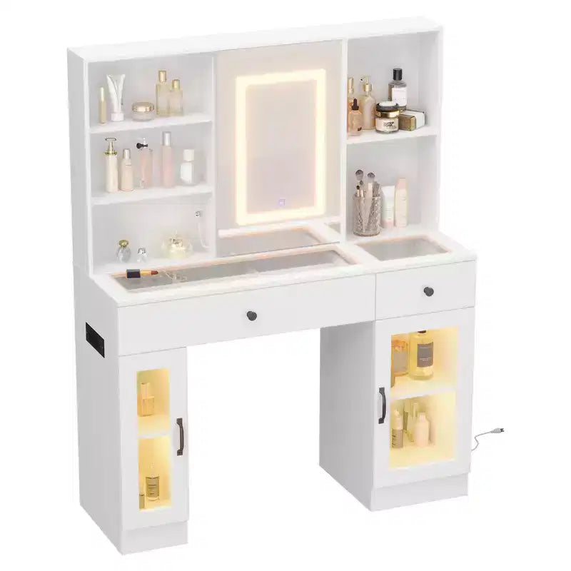 Grande toeletta con specchio scorrevole, tavolo da trucco con cassetti, ripiani, armadietti, stazione di bellezza in MDF, facile da montare