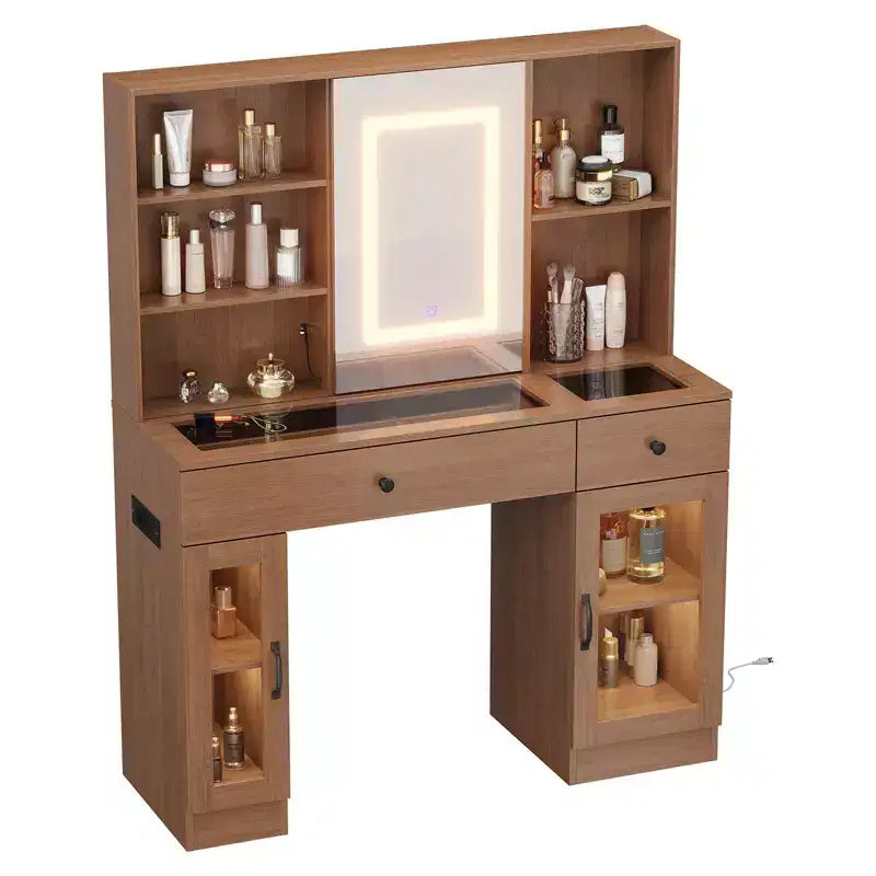 Grande toeletta con specchio scorrevole, tavolo da trucco con cassetti, ripiani, armadietti, stazione di bellezza in MDF, facile da montare