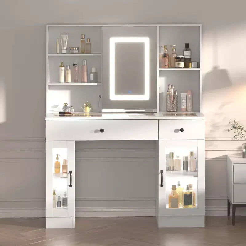 Grande toeletta con specchio scorrevole, tavolo da trucco con cassetti, ripiani, armadietti, stazione di bellezza in MDF, facile da montare