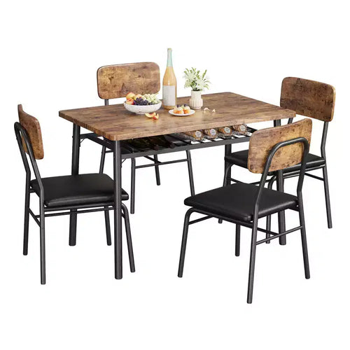 5-Piece Dining Table Set for 4 with Storage Rack, Wood Kitchen Table with Upholstered Chairs Set of 4, for Dining Room, Apartment, Brown