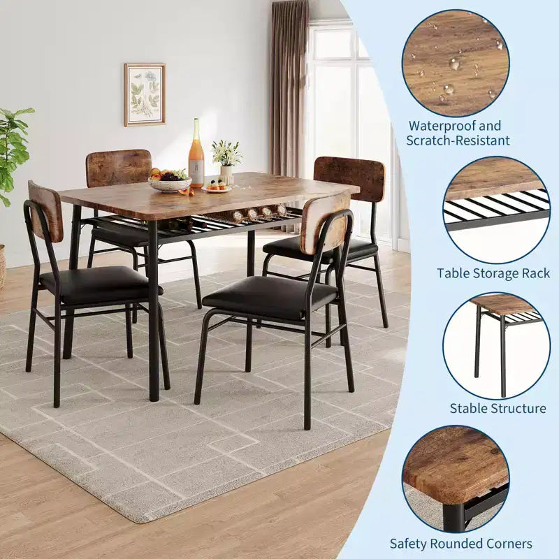 Set da pranzo di 5 pezzi per 4 persone con ripiano portaoggetti, tavolo da cucina in legno con 4 sedie imbottite, per sala da pranzo, appartamento, marrone