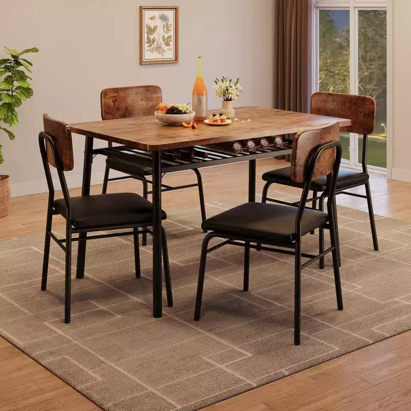 Set da pranzo di 5 pezzi per 4 persone con ripiano portaoggetti, tavolo da cucina in legno con 4 sedie imbottite, per sala da pranzo, appartamento, marrone