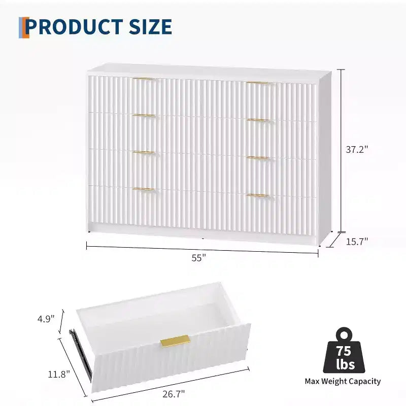 Cassettiera scanalata a 9 cassetti con maniglie in metallo, organizer moderno per camera da letto, soggiorno, ingresso, porta TV multifunzione, bianco