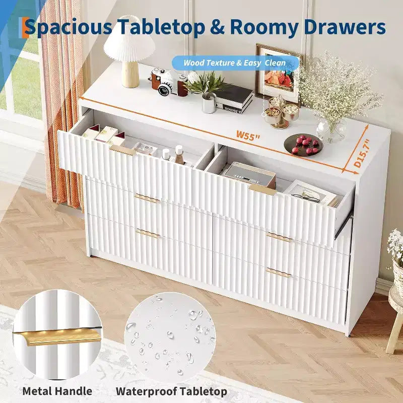 Cassettiera scanalata a 9 cassetti con maniglie in metallo, organizer moderno per camera da letto, soggiorno, ingresso, porta TV multifunzione, bianco