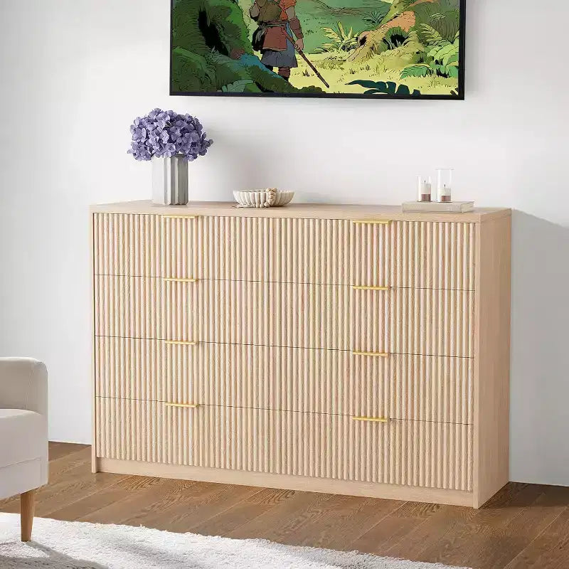 Cassettiera scanalata a 9 cassetti con maniglie in metallo, organizer moderno per camera da letto, soggiorno, ingresso, porta TV multifunzione, bianco