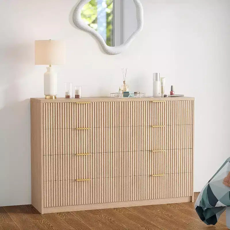 Cassettiera scanalata a 9 cassetti con maniglie in metallo, organizer moderno per camera da letto, soggiorno, ingresso, porta TV multifunzione, bianco