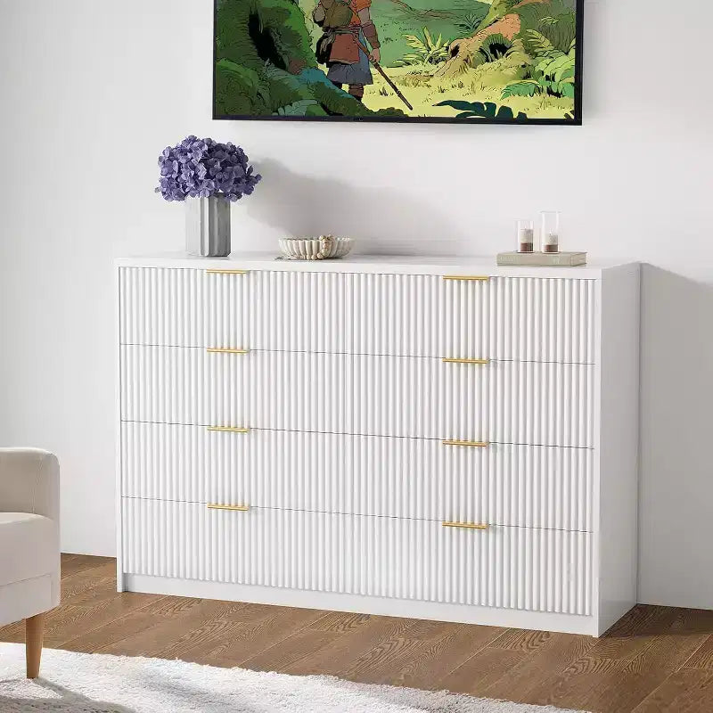 Cassettiera scanalata a 9 cassetti con maniglie in metallo, organizer moderno per camera da letto, soggiorno, ingresso, porta TV multifunzione, bianco