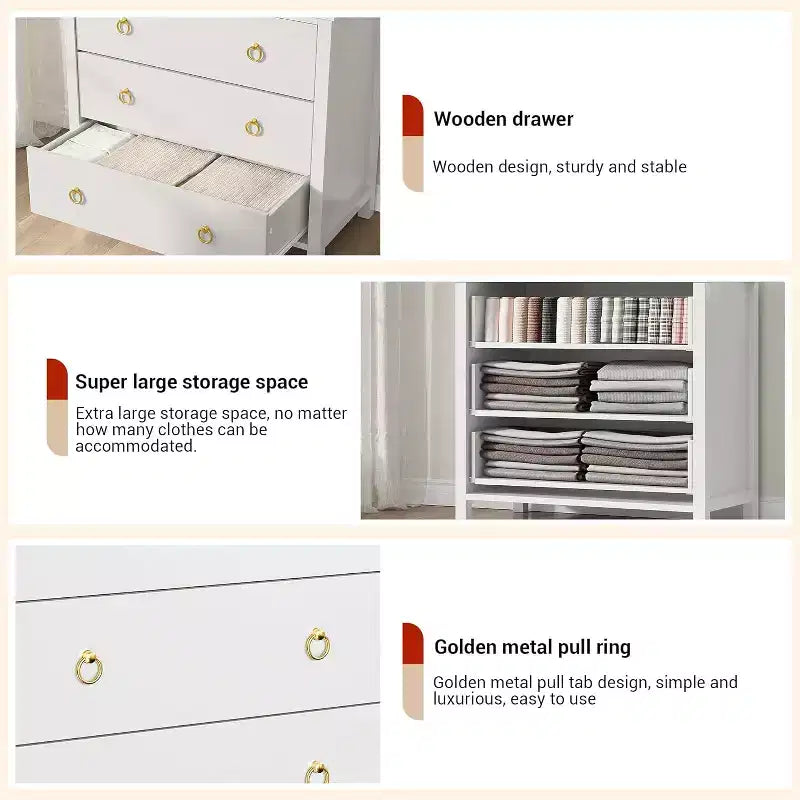 Comò con Maniglie a Anello Rotonde, 3 Cassetti Stile Piatto Bianco, Ferramenta Squisita, Piccolo Mobile Contenitore Accanto al Letto della Camera da Letto