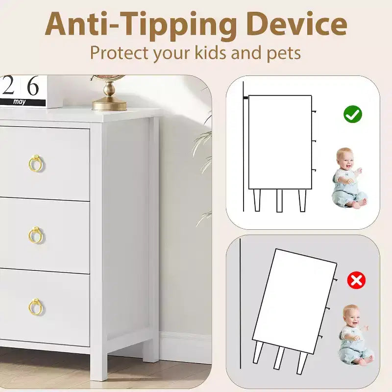 Comò con Maniglie a Anello Rotonde, 3 Cassetti Stile Piatto Bianco, Ferramenta Squisita, Piccolo Mobile Contenitore Accanto al Letto della Camera da Letto
