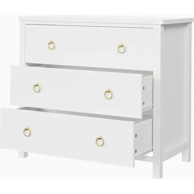 Comò con Maniglie a Anello Rotonde, 3 Cassetti Stile Piatto Bianco, Ferramenta Squisita, Piccolo Mobile Contenitore Accanto al Letto della Camera da Letto