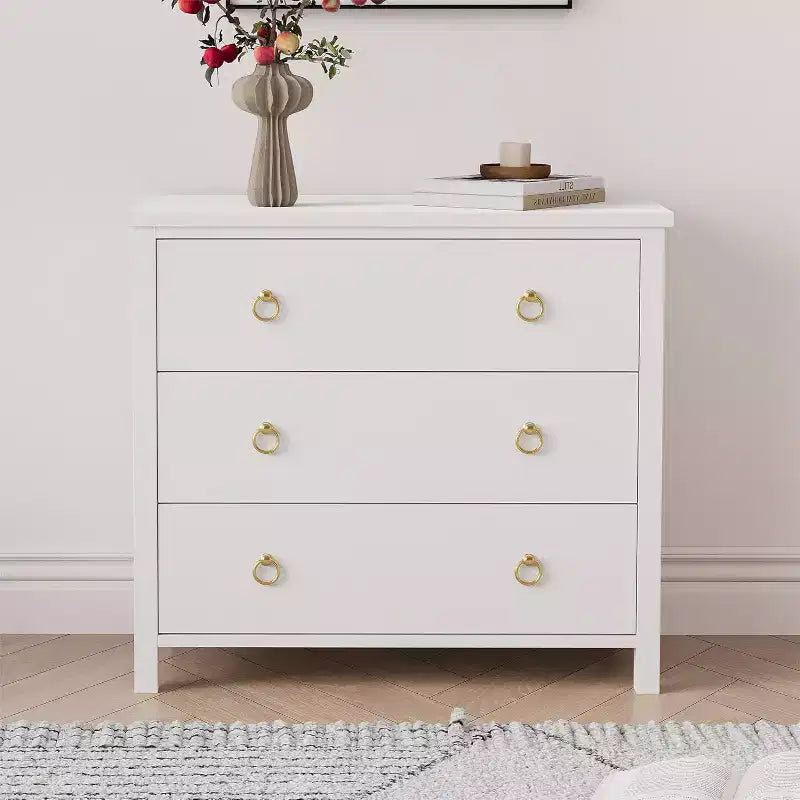 Comò con Maniglie a Anello Rotonde, 3 Cassetti Stile Piatto Bianco, Ferramenta Squisita, Piccolo Mobile Contenitore Accanto al Letto della Camera da Letto