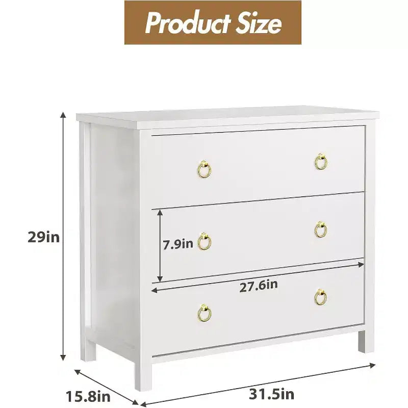 Comò con Maniglie a Anello Rotonde, 3 Cassetti Stile Piatto Bianco, Ferramenta Squisita, Piccolo Mobile Contenitore Accanto al Letto della Camera da Letto