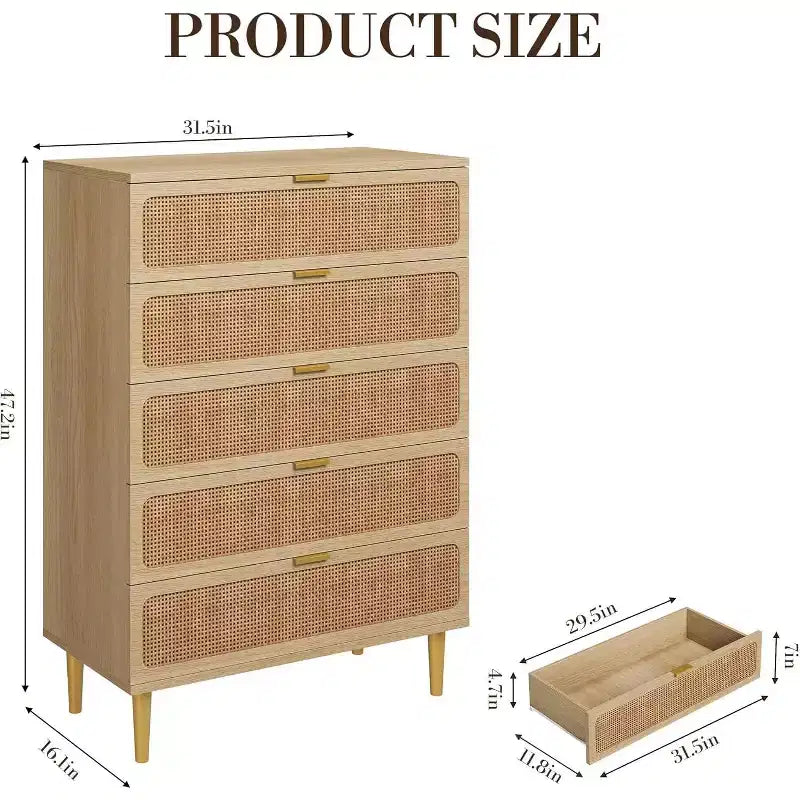 Mobile verticale in rattan PB+PE a 5 cassetti (U7 5RDrawer002), colore legno, stile verticale salvaspazio, mobile per camera da letto