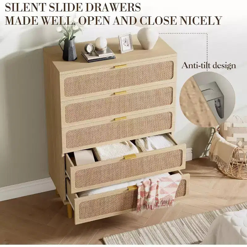 Mobile verticale in rattan PB+PE a 5 cassetti (U7 5RDrawer002), colore legno, stile verticale salvaspazio, mobile per camera da letto