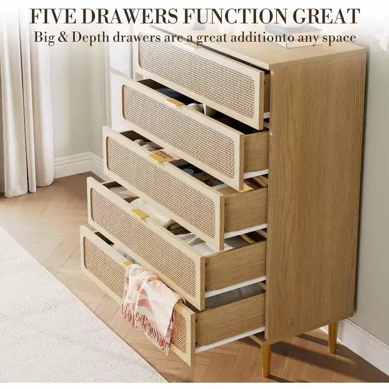 Mobile verticale in rattan PB+PE a 5 cassetti (U7 5RDrawer002), colore legno, stile verticale salvaspazio, mobile per camera da letto