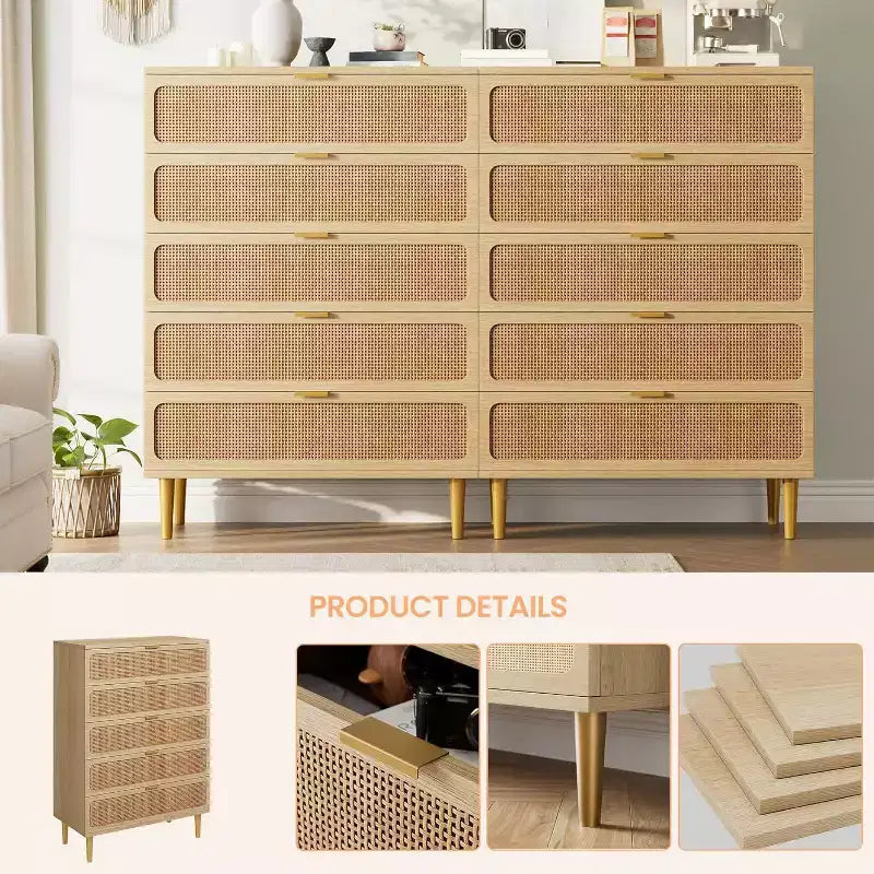 Mobile verticale in rattan PB+PE a 5 cassetti (U7 5RDrawer002), colore legno, stile verticale salvaspazio, mobile per camera da letto
