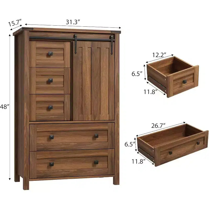 Mobiletto a 5 cassetti con anta unica scorrevole a serranda, modello 01, tonalità noce, design retrò, contenitore per documenti e vestiti per studio e camera da letto
