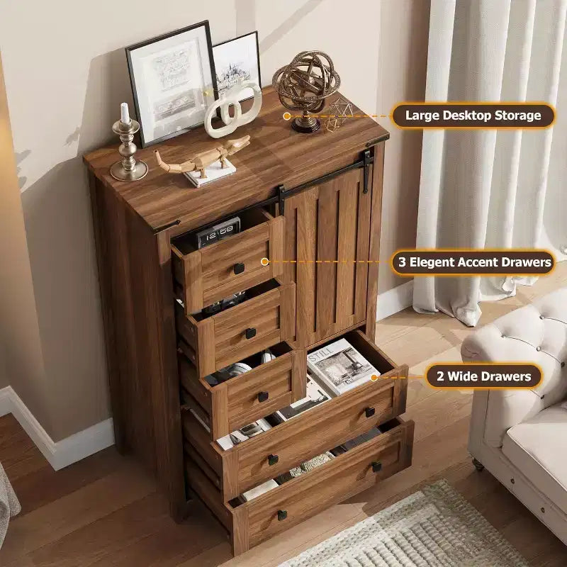 Mobiletto a 5 cassetti con anta unica scorrevole a serranda, modello 01, tonalità noce, design retrò, contenitore per documenti e vestiti per studio e camera da letto