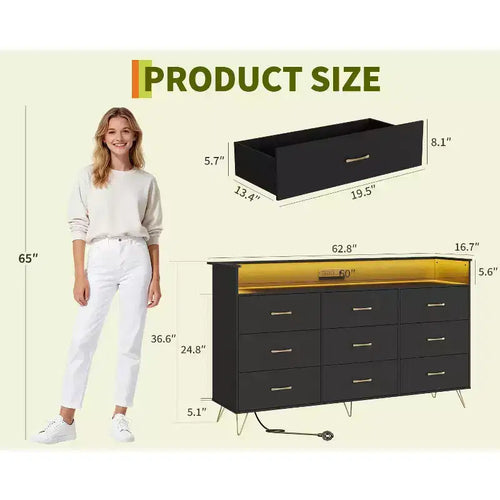 Cassettiera alta a 9 cassetti da 36,6x62,8x16,7 pollici, mobile contenitore moderno con organizer multifunzionale per uso multi-stanza, design elegante