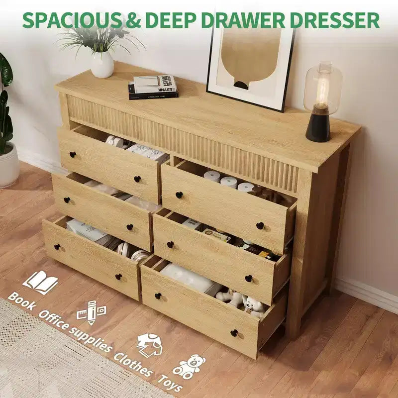 Cassettiera scanalata a 7 cassetti, cassettiera moderna in legno da 54" con cassetti scorrevoli e sicurezza antiribaltamento, per camera da letto, soggiorno o ingresso
