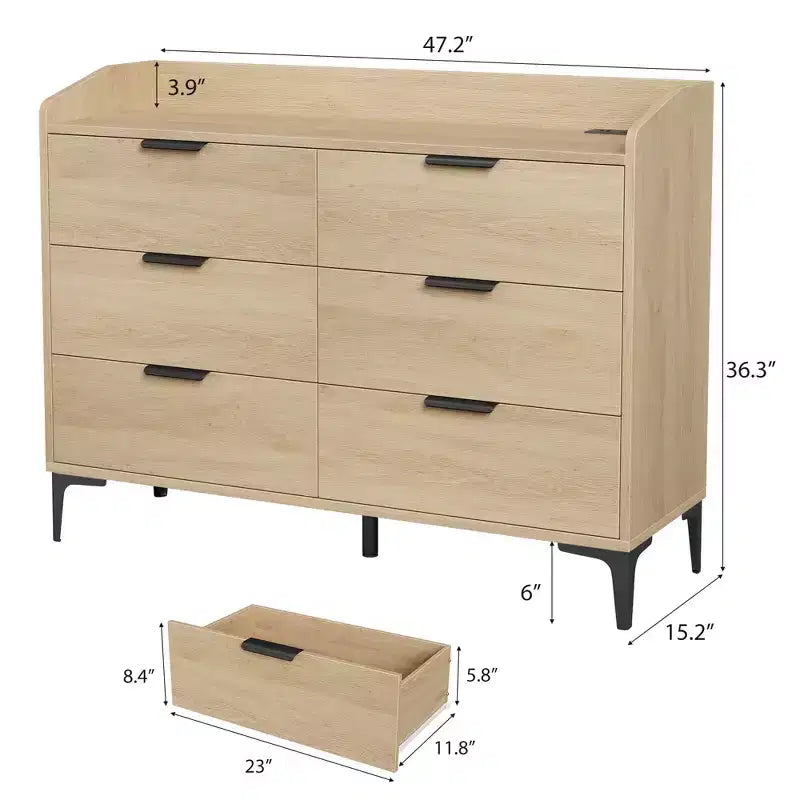 Garvee 6 Cassettiera per Camera da Letto, Cassettiera Autoportante Larga 120 cm con Prese di Corrente, Cassettiera in Legno per Soggiorno