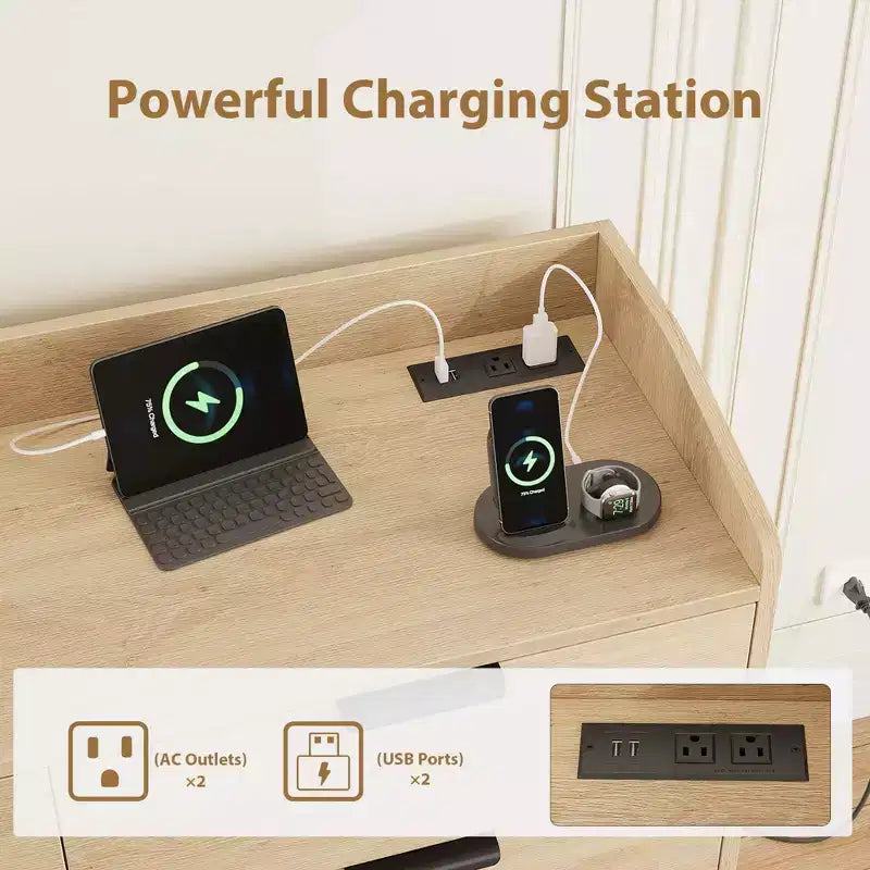 Garvee 6 Cassettiera per Camera da Letto, Cassettiera Autoportante Larga 120 cm con Prese di Corrente, Cassettiera in Legno per Soggiorno