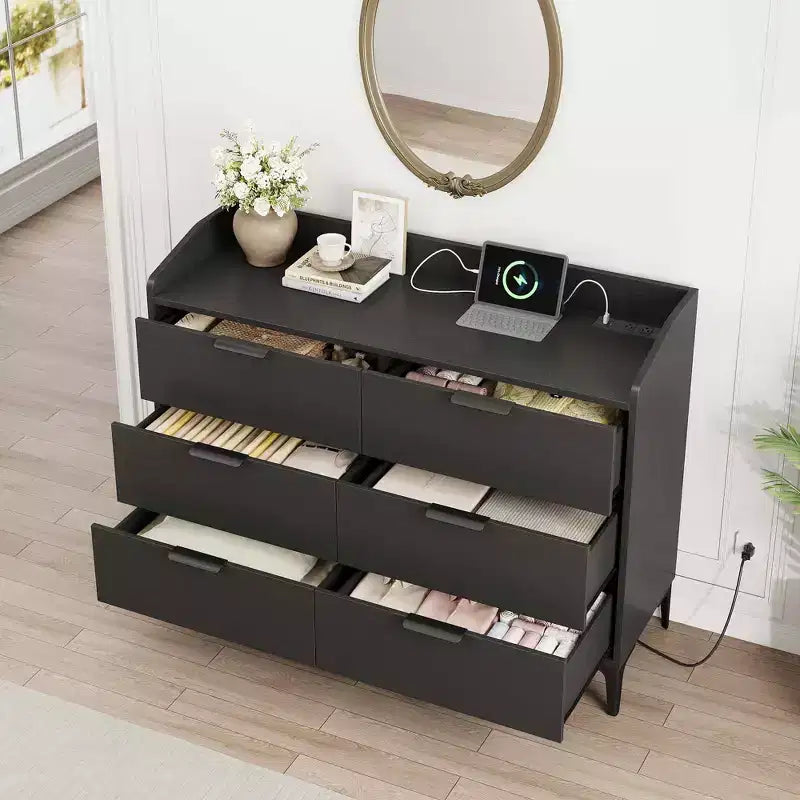 Garvee 6 Cassettiera per Camera da Letto, Cassettiera Autoportante Larga 120 cm con Prese di Corrente, Cassettiera in Legno per Soggiorno