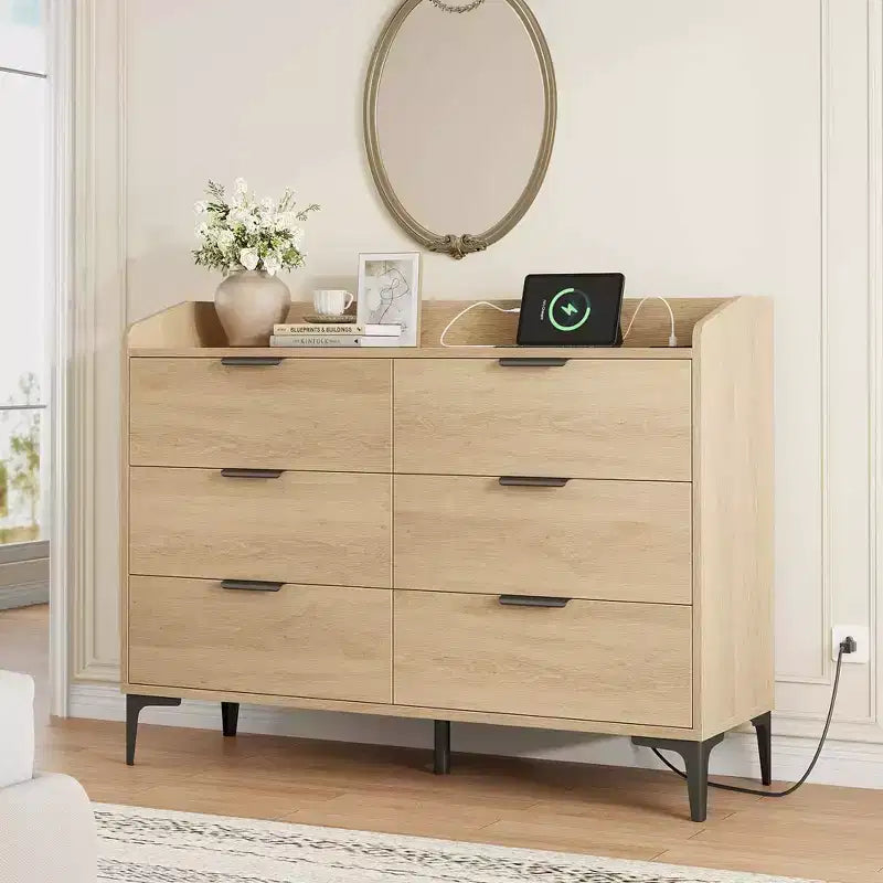 Garvee 6 Cassettiera per Camera da Letto, Cassettiera Autoportante Larga 120 cm con Prese di Corrente, Cassettiera in Legno per Soggiorno