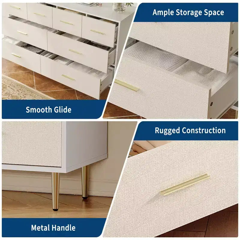 Comodino Moderno con Gambe Dorate - Comodino a 3 Cassetti con Finitura in Lino, Design Stretto per Piccoli Spazi, Cassettiera da Camera Bianca e Oro