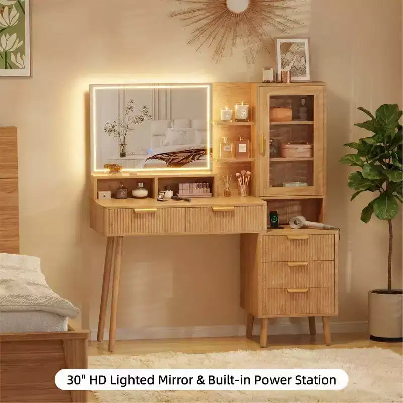 Toeletta Moderna da Trucco con Specchio Illuminato HD a 24 Luci - 5 Cassetti, Presa di Corrente e Porte USB, Tavolo da Trucco Scanalato per Donne e Ragazze