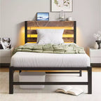 GDFStudio Althea Modern Metal and Wooden Platform Bed Frame with Storage Headboard, RGB Lights and Charging Station