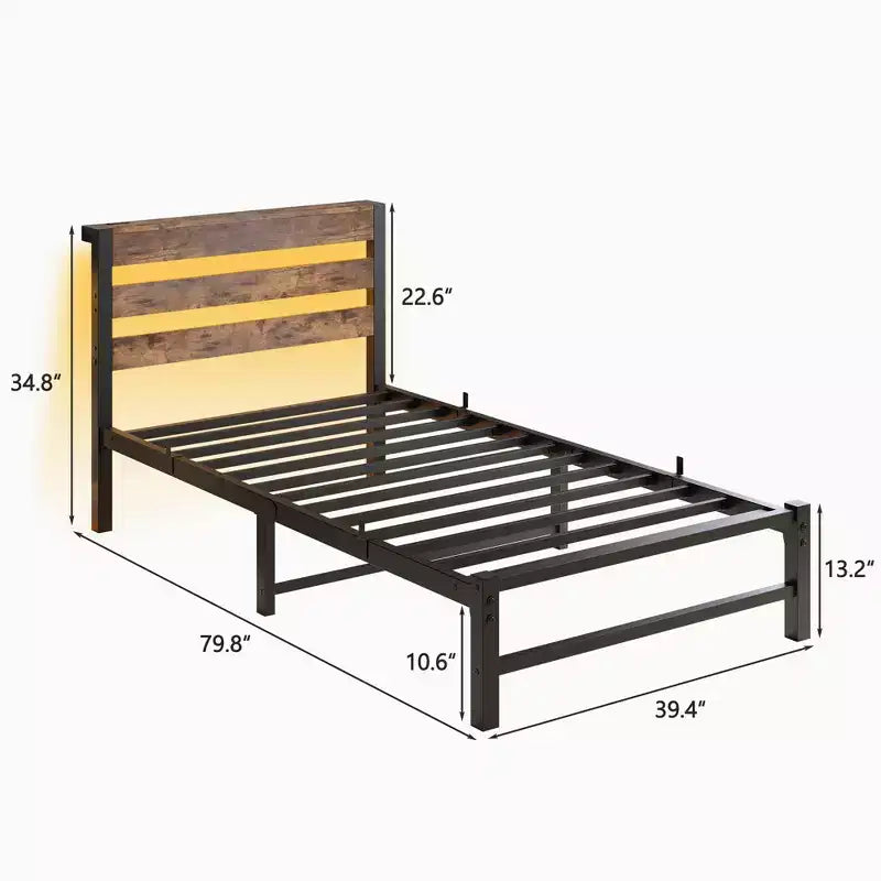 GDFStudio Althea Letto a piattaforma moderno in metallo e legno con testiera contenitore, luci RGB e stazione di ricarica