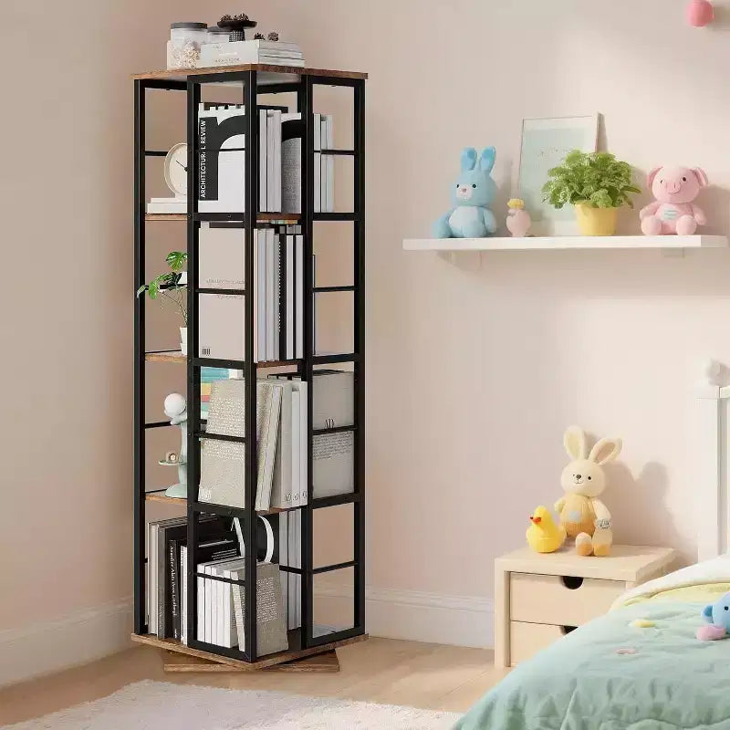 Libreria Girevole a 4 Livelli, Scaffale Rotante a 360° con Barre di Sicurezza, Design Salvaspazio per Soggiorno, Camera da Letto, Ufficio, Unità di Stoccaggio Autoportante