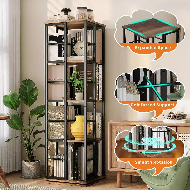 Libreria Girevole a 4 Livelli, Scaffale Rotante a 360° con Barre di Sicurezza, Design Salvaspazio per Soggiorno, Camera da Letto, Ufficio, Unità di Stoccaggio Autoportante