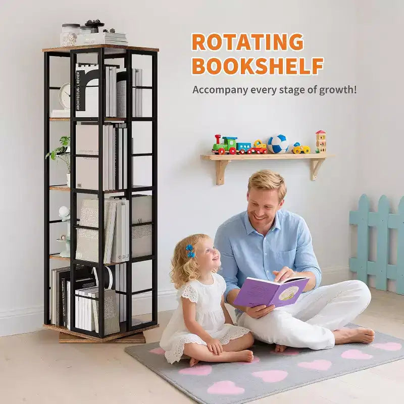 Libreria Girevole a 4 Livelli, Scaffale Rotante a 360° con Barre di Sicurezza, Design Salvaspazio per Soggiorno, Camera da Letto, Ufficio, Unità di Stoccaggio Autoportante