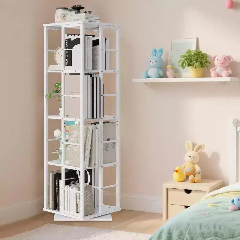 Libreria Girevole a 4 Livelli, Scaffale Rotante a 360° con Barre di Sicurezza, Design Salvaspazio per Soggiorno, Camera da Letto, Ufficio, Unità di Stoccaggio Autoportante