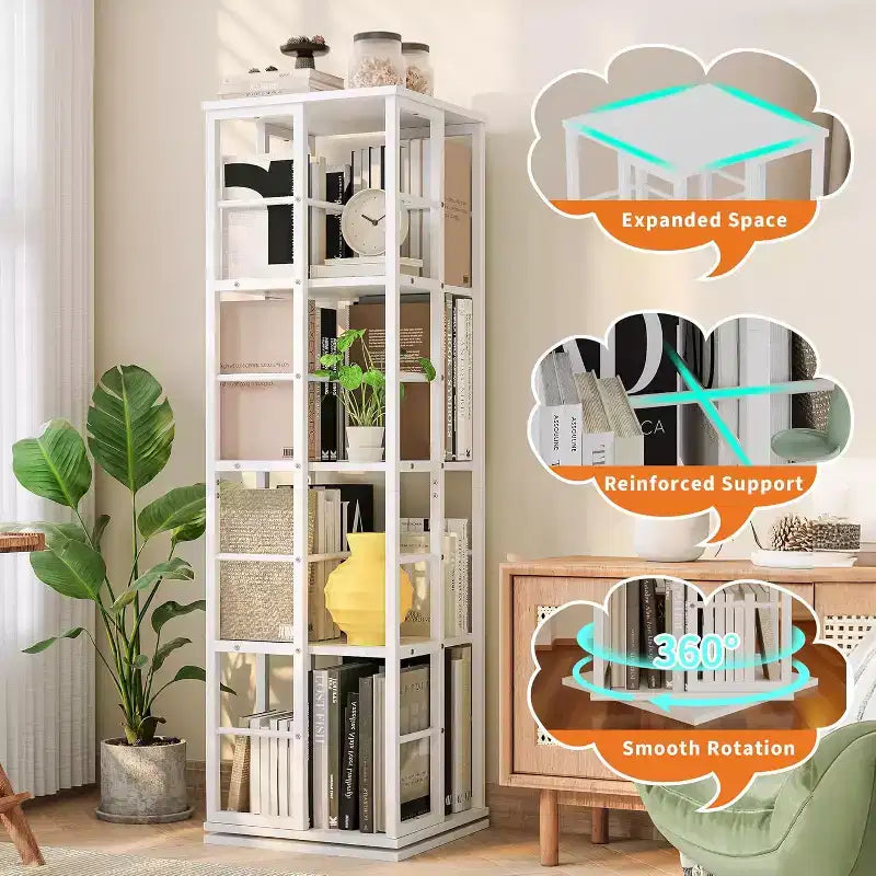 Libreria Girevole a 4 Livelli, Scaffale Rotante a 360° con Barre di Sicurezza, Design Salvaspazio per Soggiorno, Camera da Letto, Ufficio, Unità di Stoccaggio Autoportante