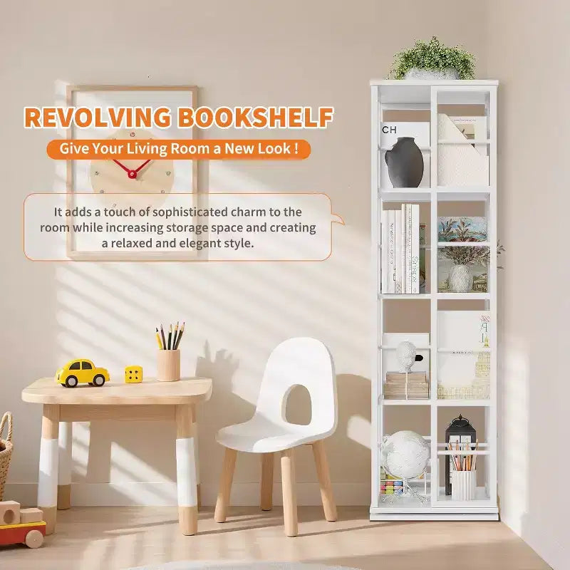 Libreria Girevole a 4 Livelli, Scaffale Rotante a 360° con Barre di Sicurezza, Design Salvaspazio per Soggiorno, Camera da Letto, Ufficio, Unità di Stoccaggio Autoportante