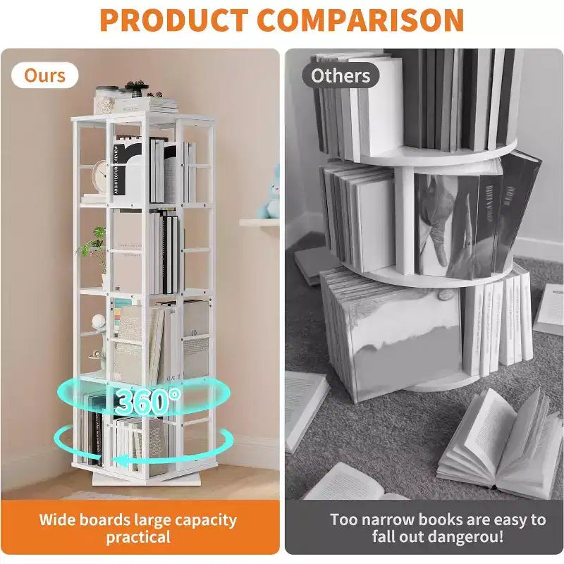 Libreria Girevole a 4 Livelli, Scaffale Rotante a 360° con Barre di Sicurezza, Design Salvaspazio per Soggiorno, Camera da Letto, Ufficio, Unità di Stoccaggio Autoportante
