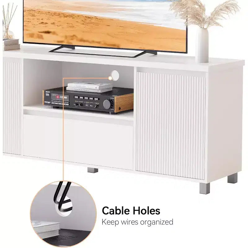 Mobile TV scanalato per TV da 65 pollici, Centro di intrattenimento con cassetto portaoggetti e ripiano aperto, Mobiletto console multimediale TV moderno