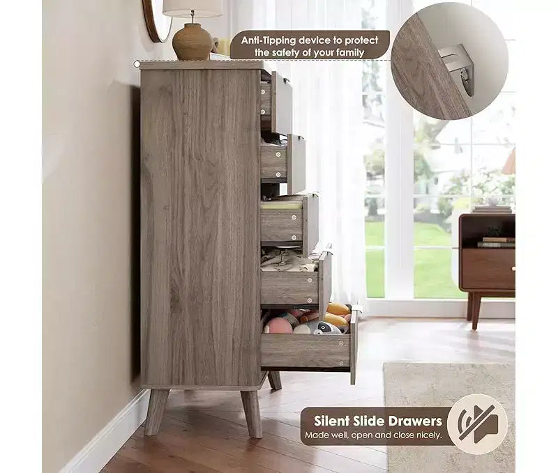 Cassettiera scanalata per camera da letto con 5 cassetti profondi, comò alto 120 cm, design a profilo curvo, cassettiera moderna in legno, per soggiorno