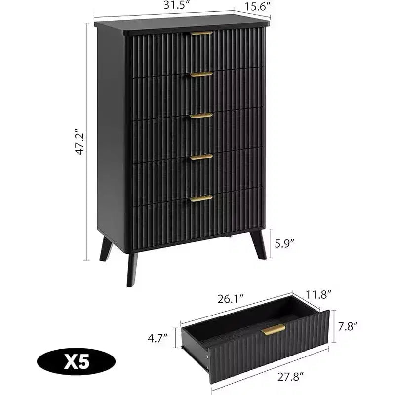 Cassettiera scanalata per camera da letto con 5 cassetti profondi, comò alto 120 cm, design a profilo curvo, cassettiera moderna in legno, per soggiorno